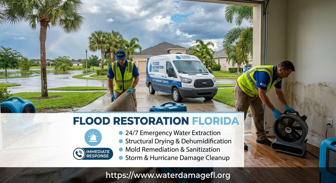 Flood restoration crew removing standing water from a Florida property