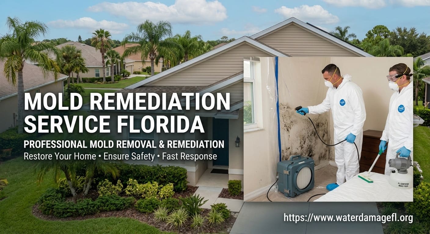 Mold remediation technician inspecting water damaged wall in a Florida home