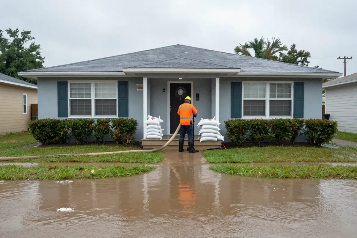 Flood cleanup crew pumping water out of a Lakeland home after lake water rose into the street