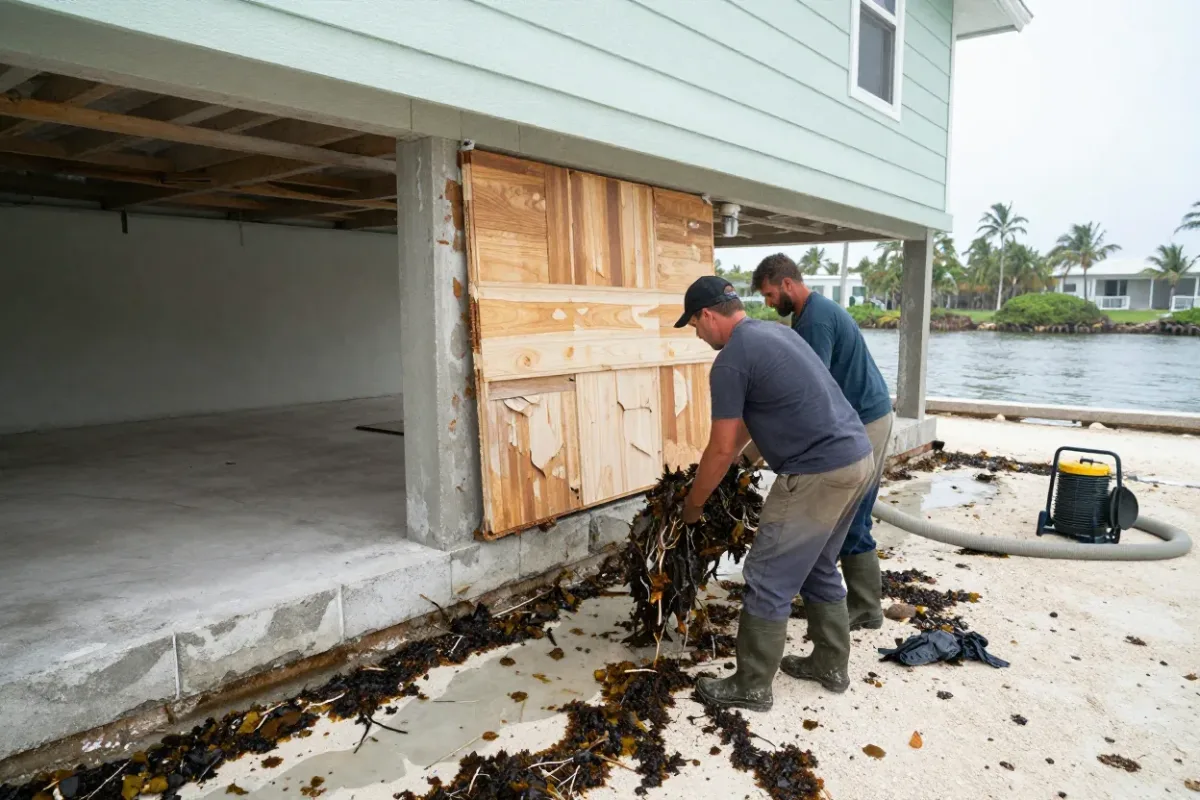 Crew cleaning out a ground-level enclosure on a Marathon waterfront property after storm surge