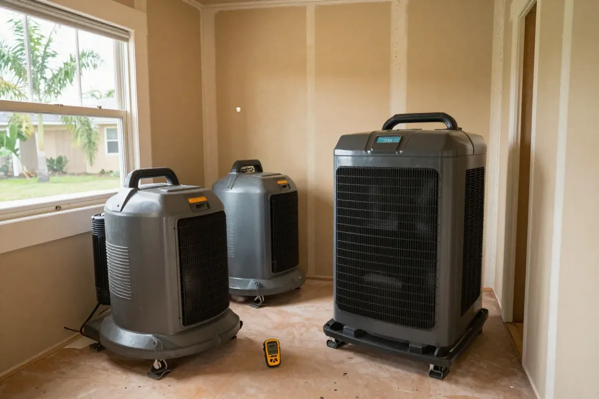 Air movers and a dehumidifier drying a water-damaged Miami home after flood cleanup