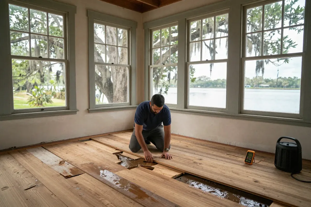 Technician removing water-damaged flooring from a historic Tarpon Springs home after bayou flooding