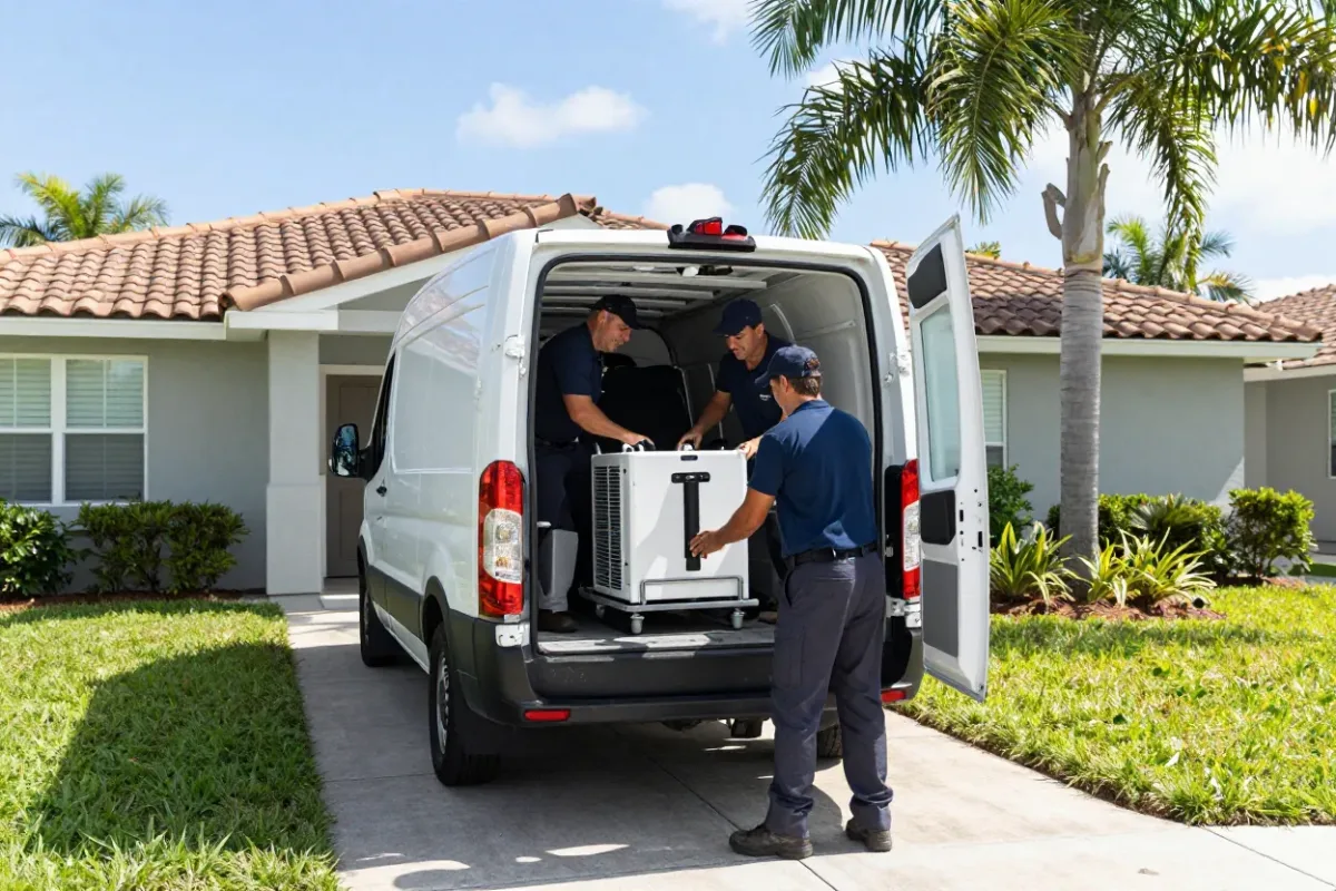 Water damage restoration crew unloading drying equipment from a service van at a Florida home