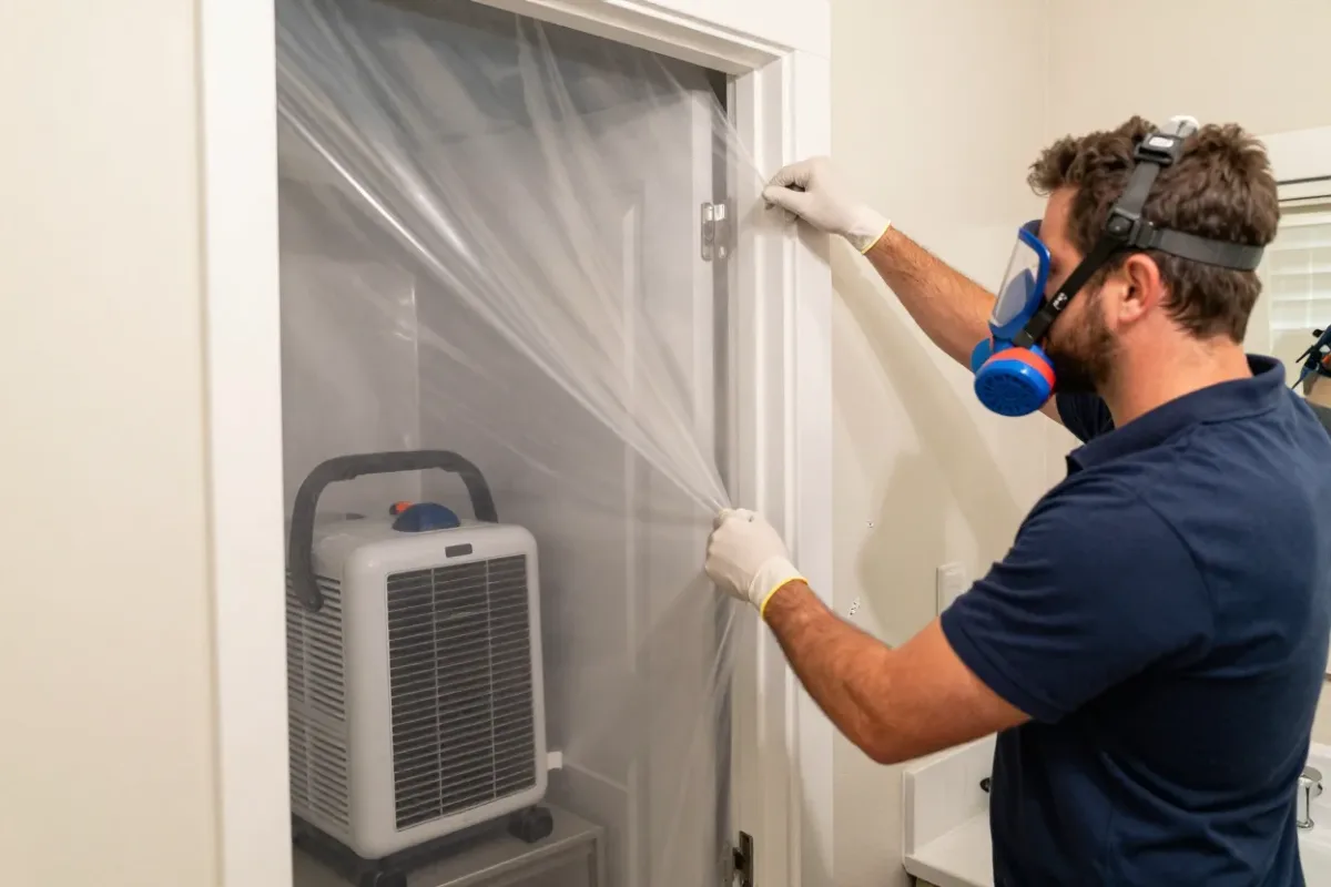 Restoration crew setting up containment and drying equipment for mold remediation in a Miami home