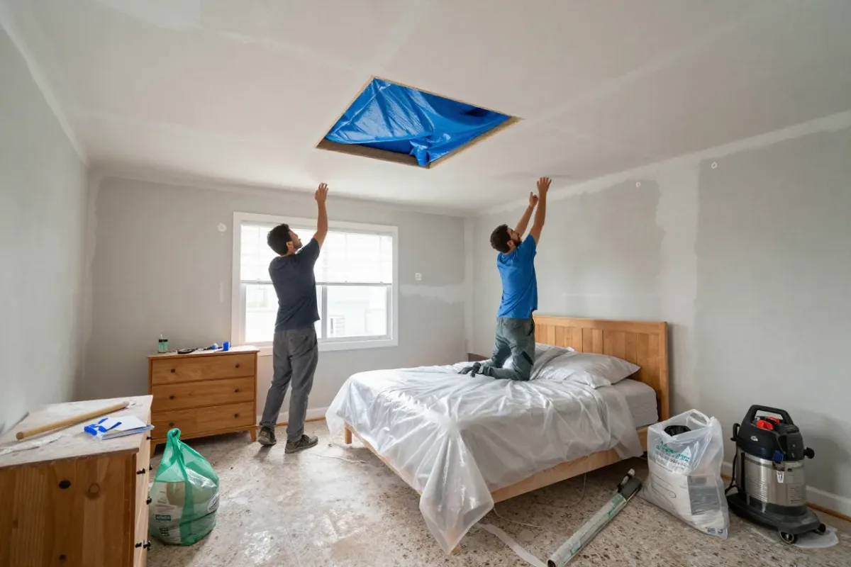 Crew removing rain-soaked ceiling material from a masonry cottage in Lake Worth Beach after a storm