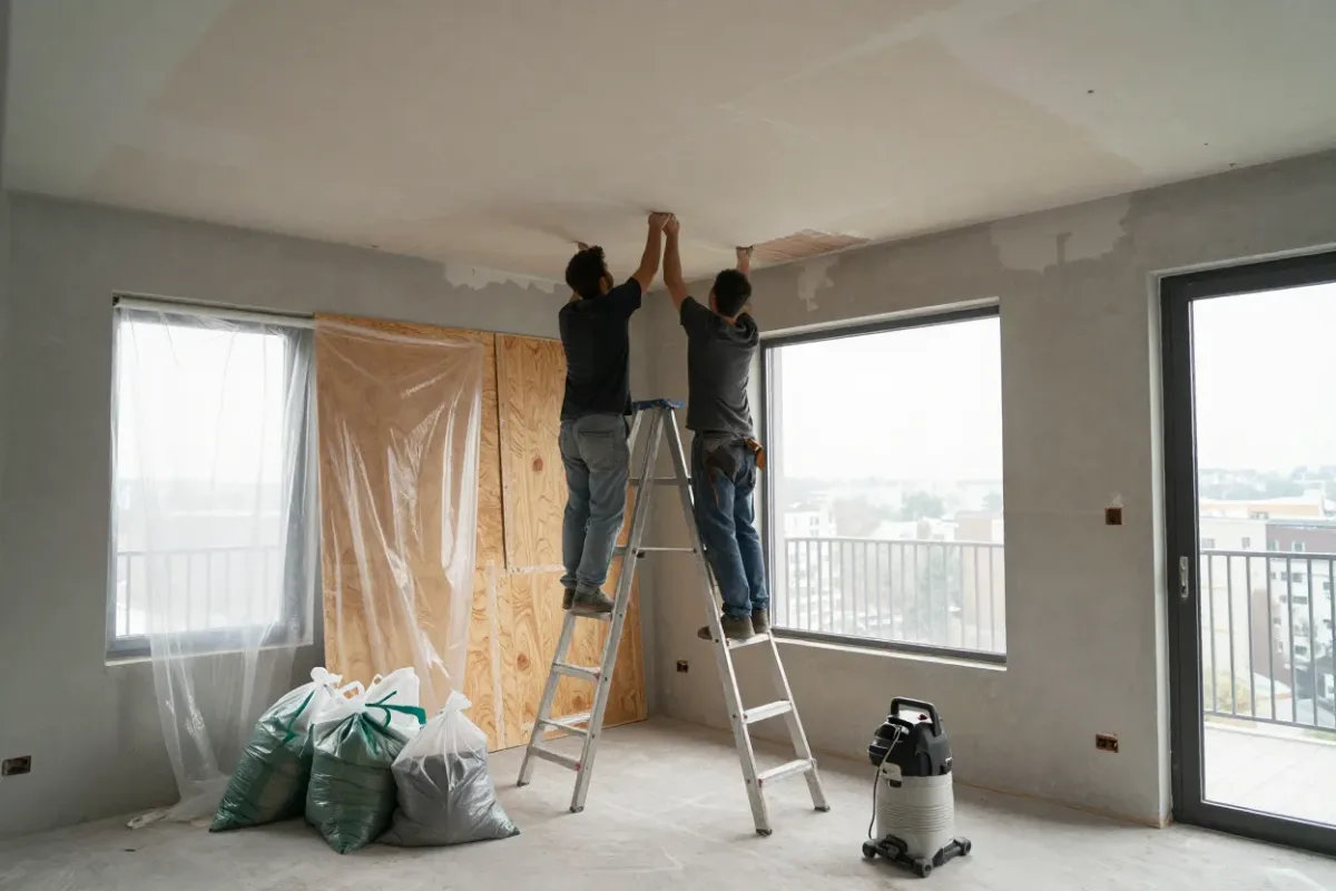 Crew removing wet ceiling drywall in a West Palm Beach condo after wind-driven rain came through a damaged window