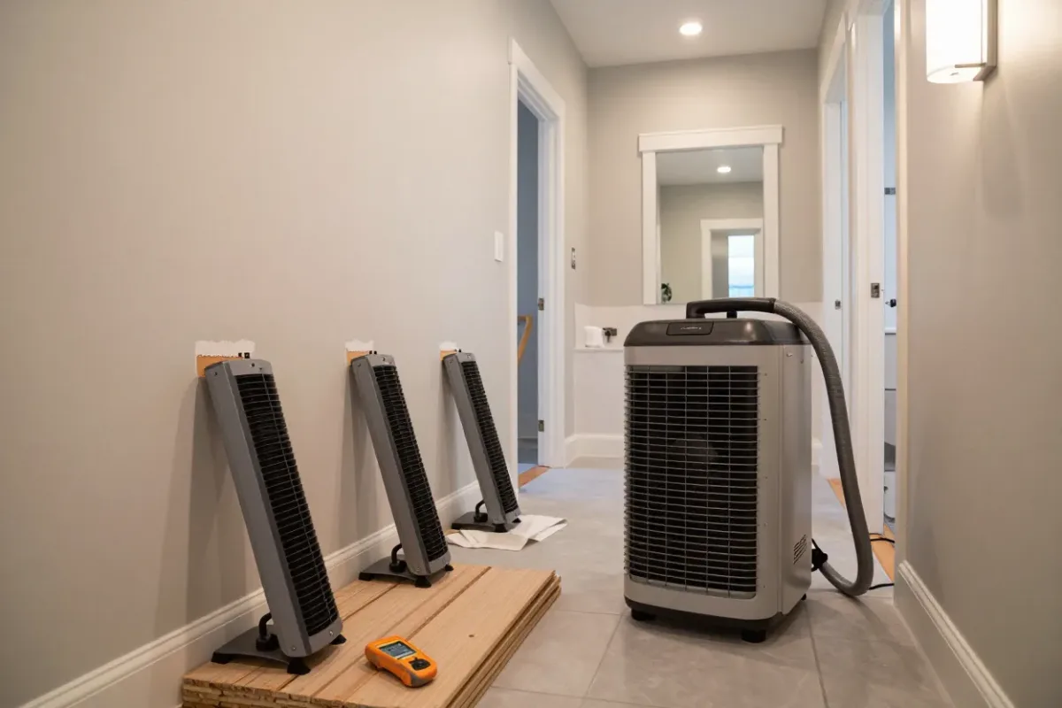 Dehumidifiers and air movers running in the hallway of a home in The Villages during structural drying