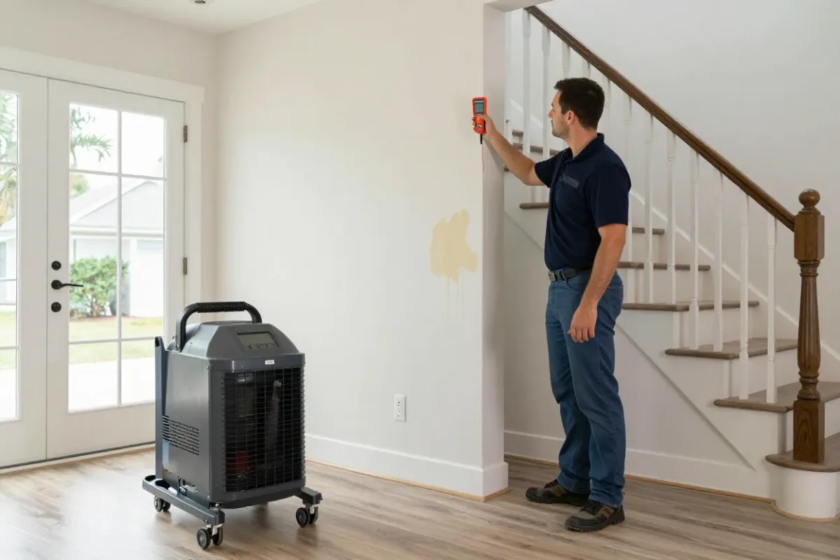 Restoration technician using a moisture meter on water-stained drywall in an Orlando home