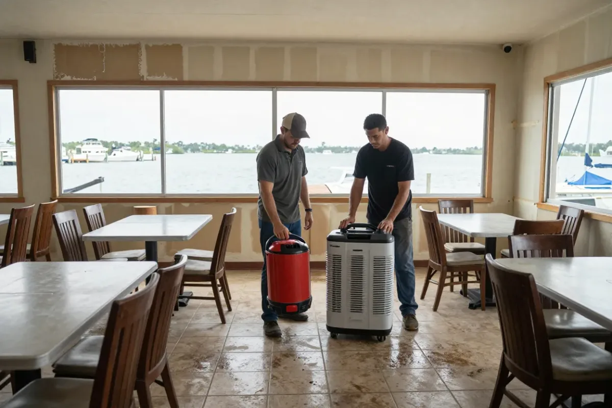 Restoration crew drying a flooded waterfront restaurant dining room in Tarpon Springs