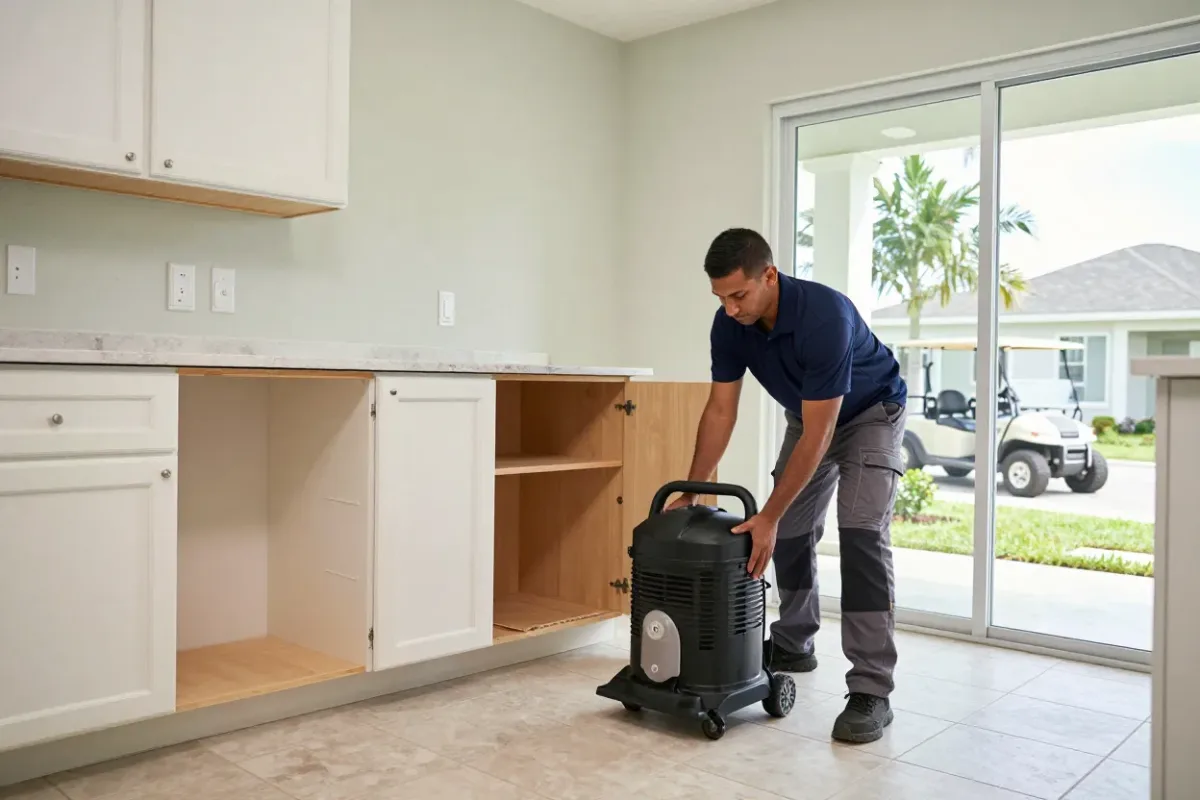 Technician drying a water-damaged kitchen in a single-story retirement home in The Villages