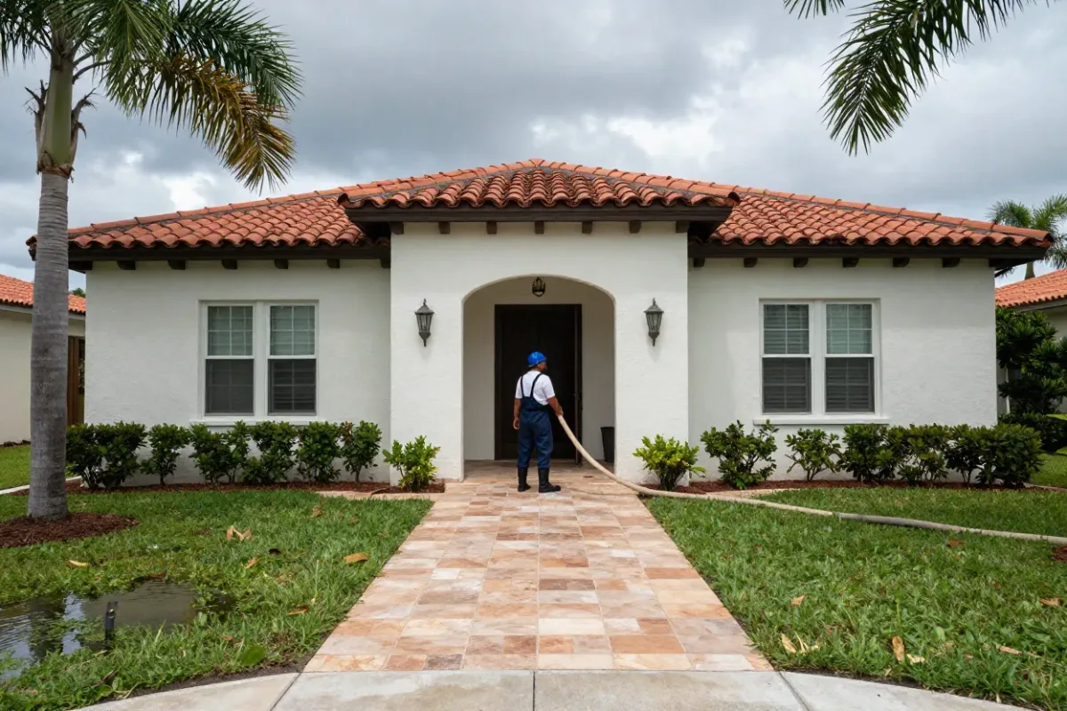 Restoration crew pumping storm surge water from a Mediterranean-style home in Venice