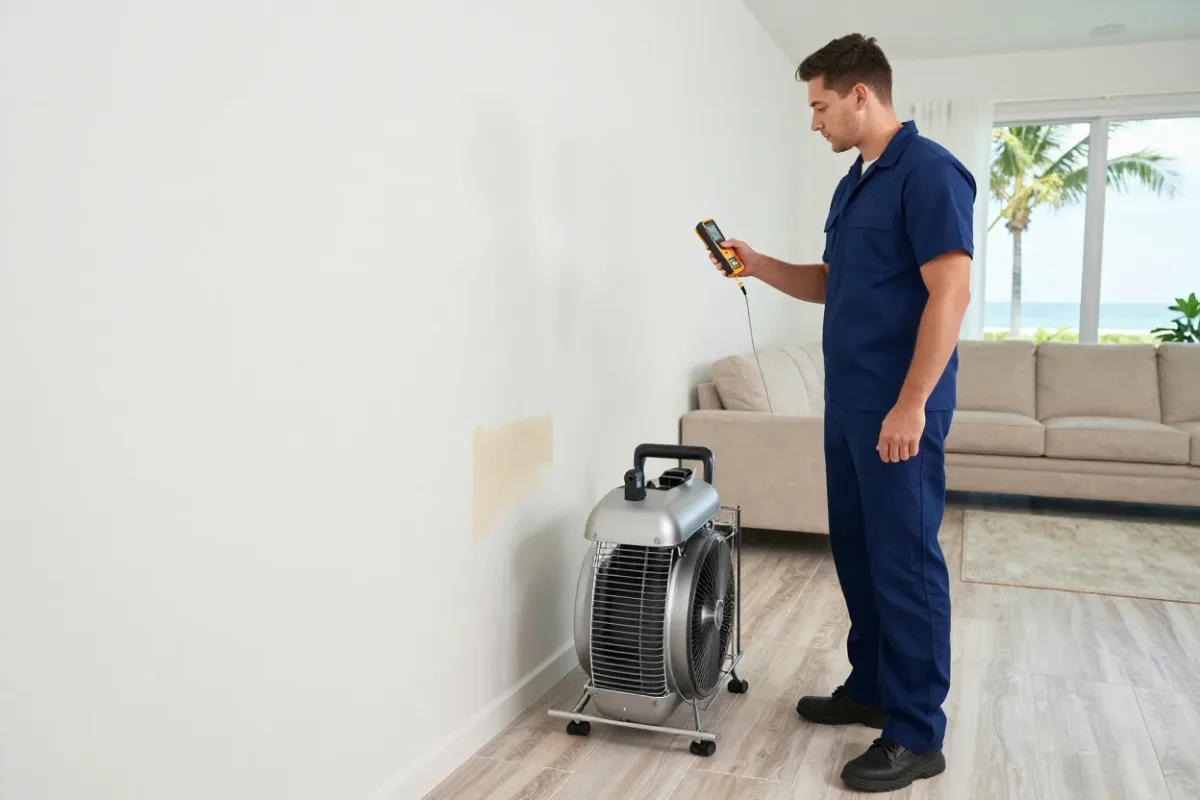 Technician checking moisture in the wall of a water-damaged Vero Beach cottage