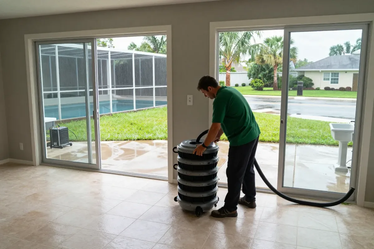 Restoration technician setting up drying equipment in a Wellington family home after rain flooding