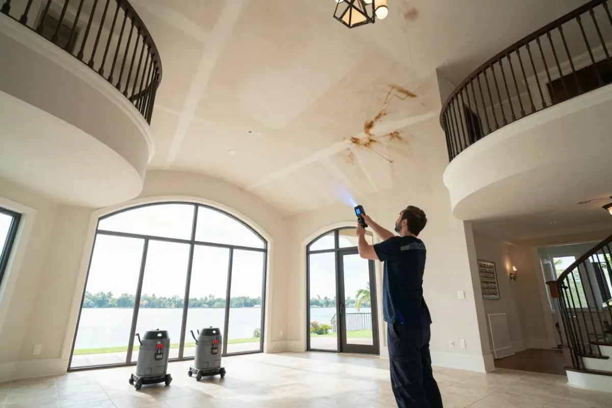 Technician using thermal imaging to find wet drywall in a Weston two-story home after a pipe leak