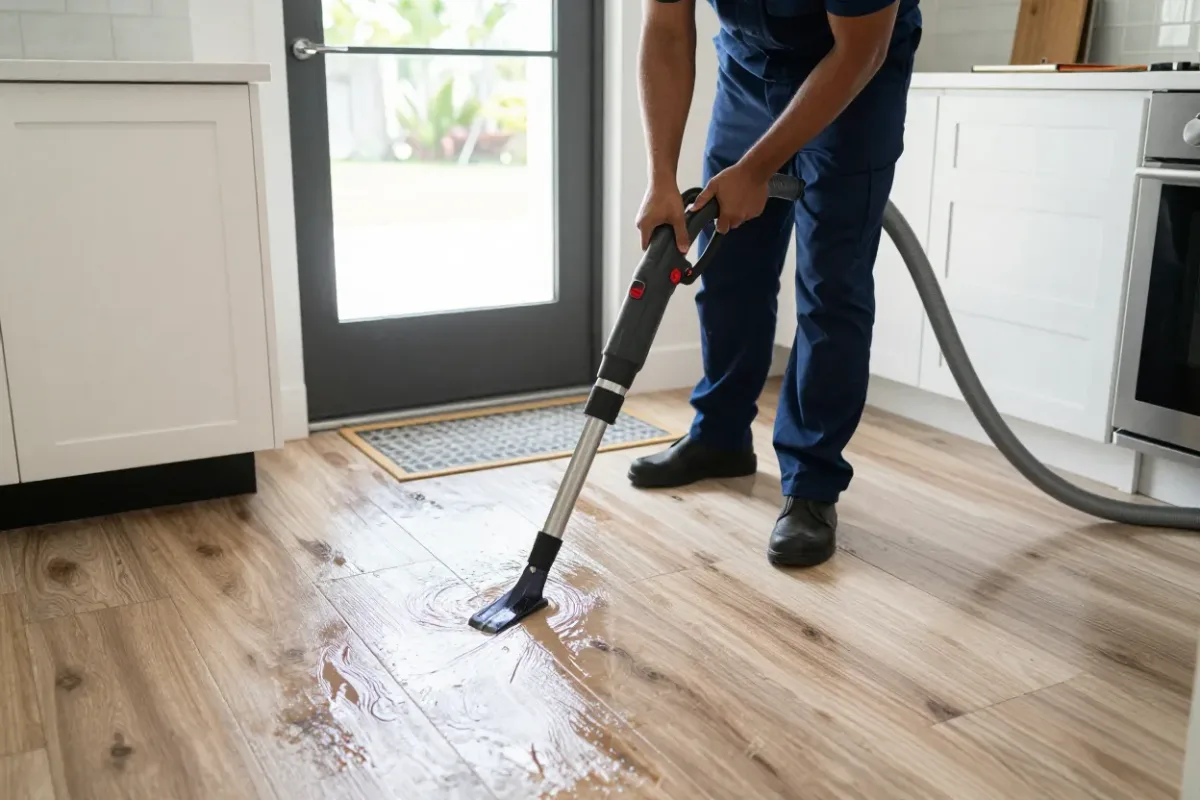 Technician using a truck-mounted extraction hose to remove water from a Tampa home's flooring