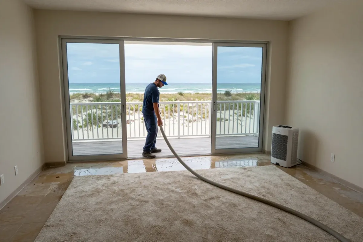 Water extraction underway in a flooded beachside condo living room in Vero Beach